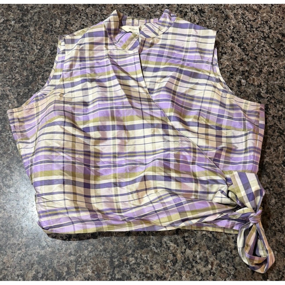 Melrose Studio Silk Plaid Wrap Top Purple Green Sleeveless Mock‎ Neck Side Tie L